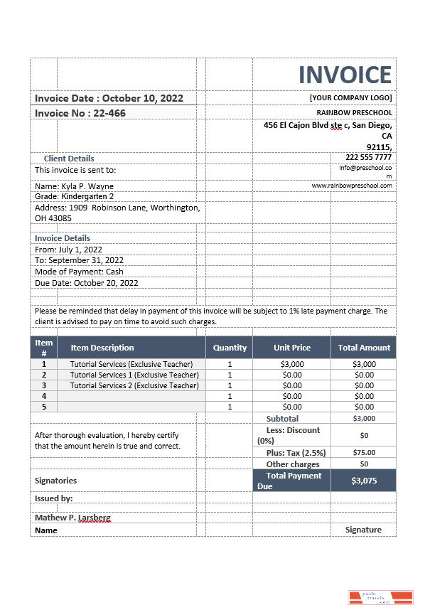School Teacher Invoice Template PSD template